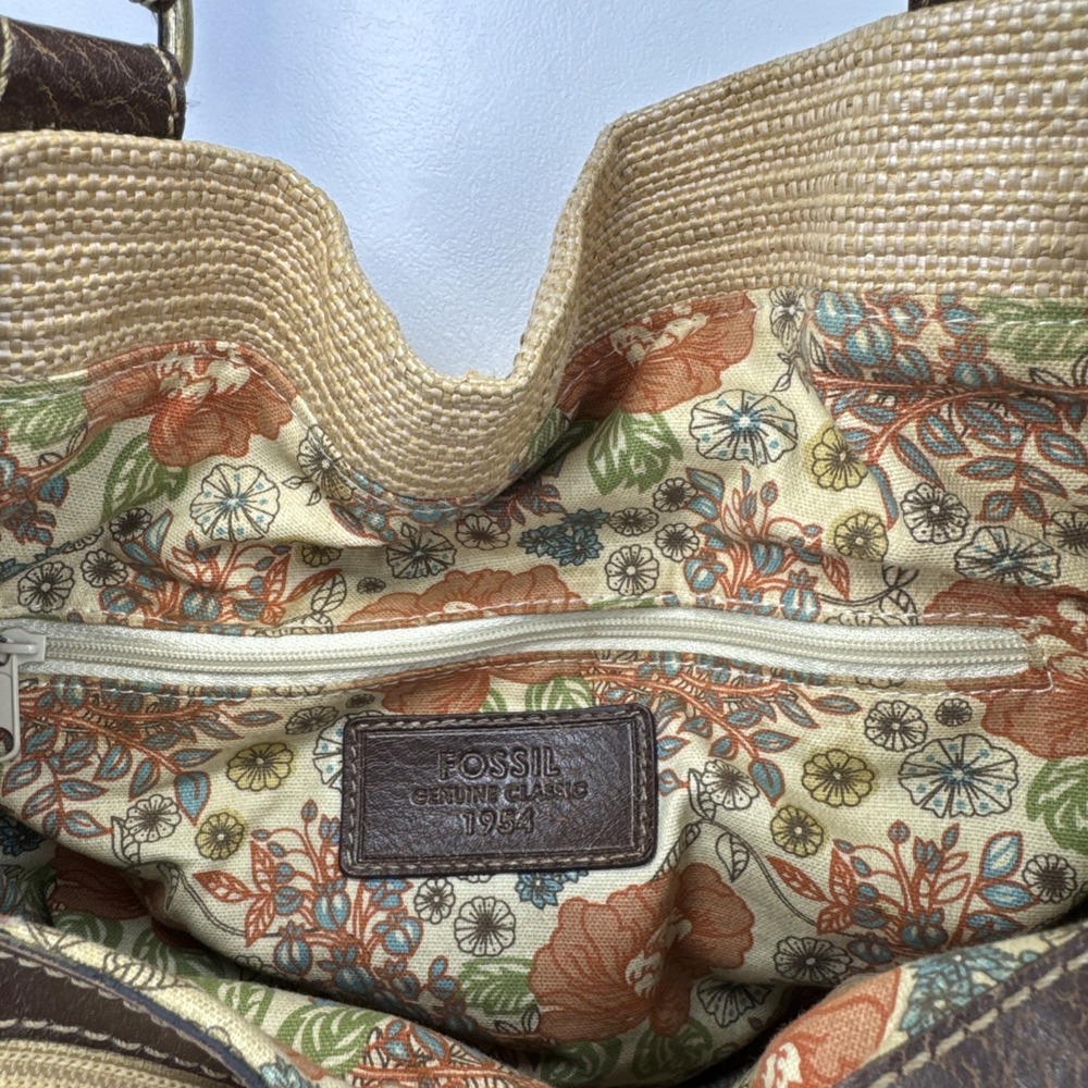 Fossil Tan Woven Shoulder Bag with Dark Brown Leather Straps - Picture 6 of 15